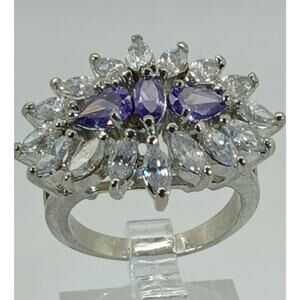 Vintage Ring Size 7.5 Silver Tone White Gold GP Purple CZ Cluster Cocktail NOS